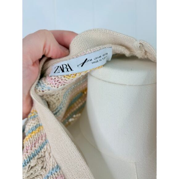 Zara Pastel Stripe Pointelle Knit Crochet Cardigan Sweater Mediuim - Picture 11 of 11
